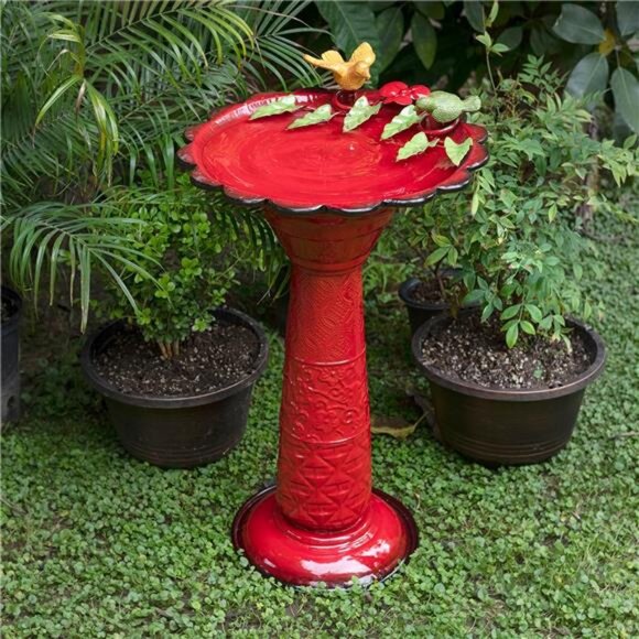 28" Tall Outdoor Metal Birdbath with Birds and Leaves Yard - Picture 2 of 7